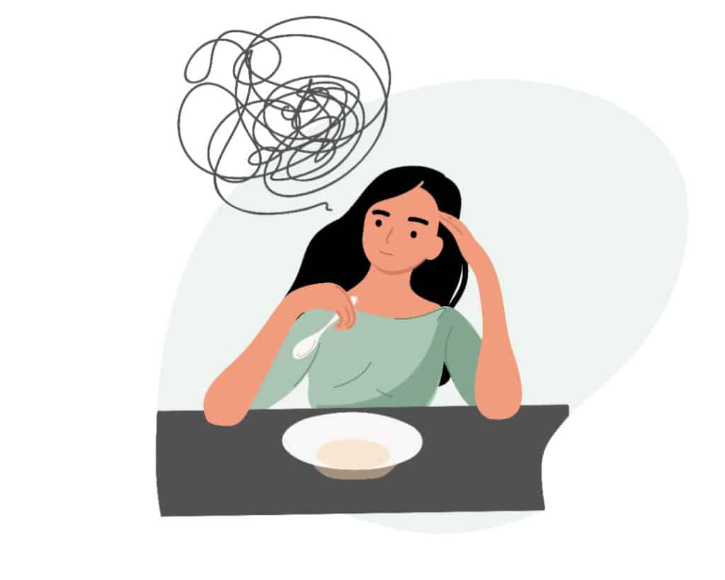 Drawing of girl anxious about food.